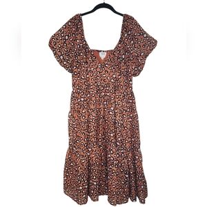 HER DESTINY orange/leopard tiered midi dress, puff sleeves, v-neck, size M